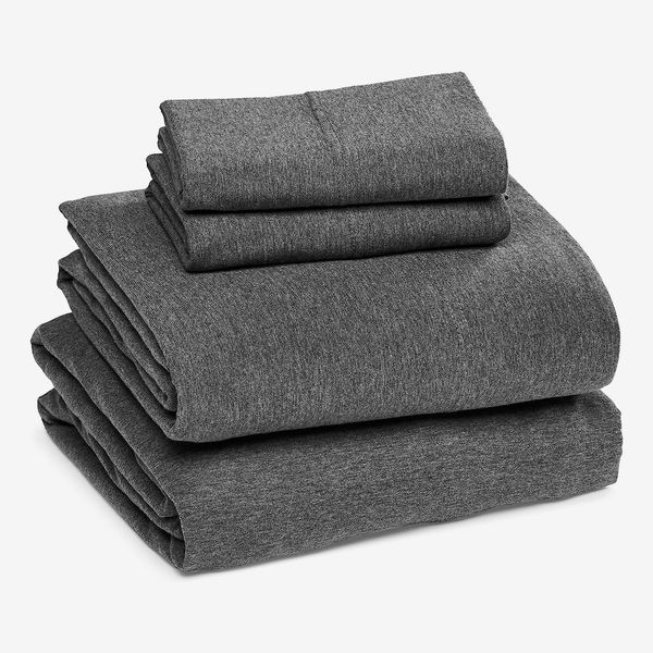 Amazon Basics Cotton Jersey 4-Piece Bed Sheet Set, King, Dark Gray, Solid