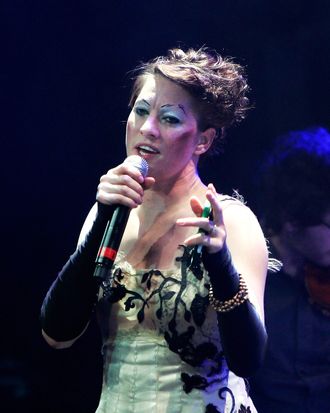 NEW YORK, NY - MAY 03: Singer Amanda Palmer performs with Jherek Bischoff during the 2012 Crossing Brooklyn Ferry Festival at the Brooklyn Academy of Music on May 3, 2012 in the Brooklyn borough of New York City. (Photo by Mike Lawrie/Getty Images)