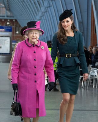 Queen Elizabeth II and Catherine, Duchess of Cambridge (R) arrive at St Pancras station, before boarding a train to visit the city of Leicester, on March 8, 2012 in London, England. The royal visit to Leicester marks the first date of Queen Elizabeth II's Diamond Jubilee tour of the UK between March 8 and July 25, 2012.