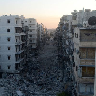 A picture taken on August 22, 2013 shows a devastated street in the Salaheddine district of the northern city of Aleppo, Syria. Russia questioned Western claims the Syrian regime may have carried out a chemical weapons attack and branded as 