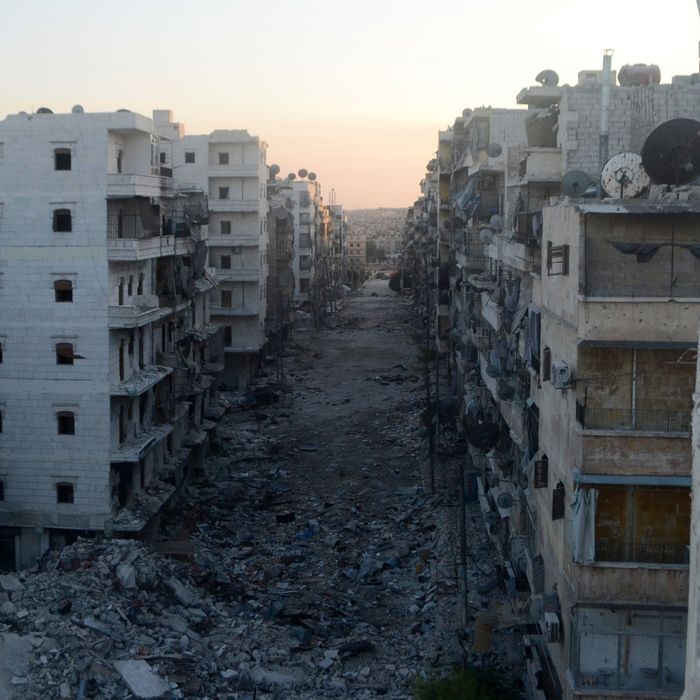 A picture taken on August 22, 2013 shows a devastated street in the Salaheddine district of the northern city of Aleppo, Syria. Russia questioned Western claims the Syrian regime may have carried out a chemical weapons attack and branded as
