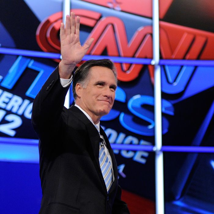 MESA, AZ - FEBRUARY 22: Republican presidential candidate, former Massachusetts Gov. Mitt Romney waves as he is introduced at a debate sponsored by CNN and the Republican Party of Arizona at the Mesa Arts Center February 22, 2012 in Mesa, Arizona. The debate is the last one scheduled before voters head to the polls in Michigan and Arizona's primaries on February 28 and Super Tuesday on March 6. (Photo by Ethan Miller/Getty Images)