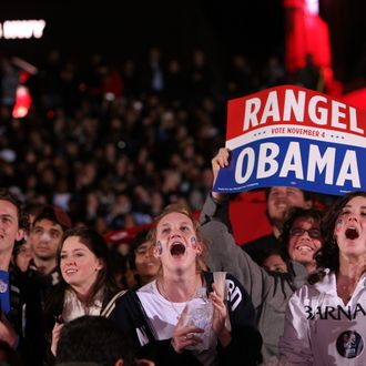 NEW YORK - NOVEMBER 04: People gather to watch election results at the CNN Election Day Viewing Party in Times Square on November 4, 2008 in New York City. (Photo by David S. Holloway/Getty Images for CNN)