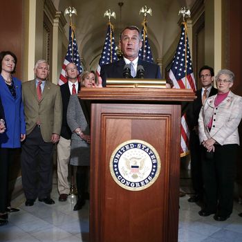 WASHINGTON, DC - FEBRUARY 25: U.S. Speaker of the House Rep. John Boehner (R-OH) (6th L) speaks as House Majority Whip Rep. Kevin McCarthy (R-CA) (L), Republican Conference Chair Cathy McMorris Rodgers (R-WA), House Majority Leader Rep. Eric Cantor (R-VA) (3rd R) and other Republican House members listen during a media availability February 25, 2013 on Capitol Hill in Washington, DC. House Republican leadership urged President Barack Obama to take action to deal with the sequestration issue. (Photo by Alex Wong/Getty Images)