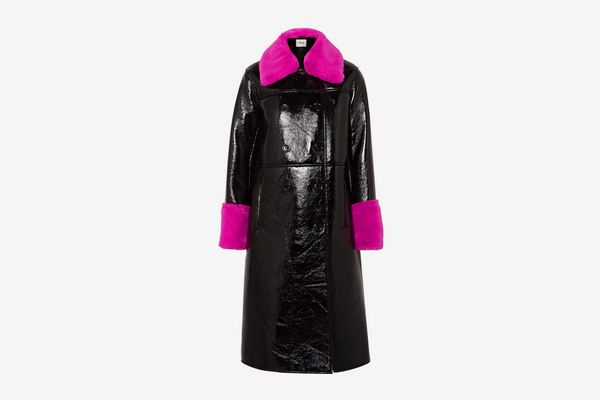 Stand Faux Leather Trimmed Coat