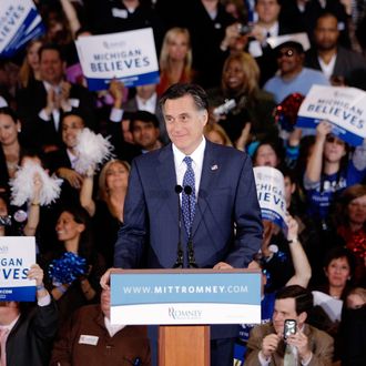 NOVI, MI - FEBRUARY 28: Republican Presidential Candidate, former Massachusetts Gov. Mitt Romney holds a gathering at Surburban Collection Showcase after winning both the Michigan and Arizona primaries February 28, 2012 in Novi, Michigan. According to early results, former Massachusetts Gov. Mitt Romney finished first in the Michigan and Arizona primary elections. Voters in Michigan and Arizona went to the polls today to pick their choice for the Republican presidential nominee. (Photo by Bill Pugliano/Getty Images)