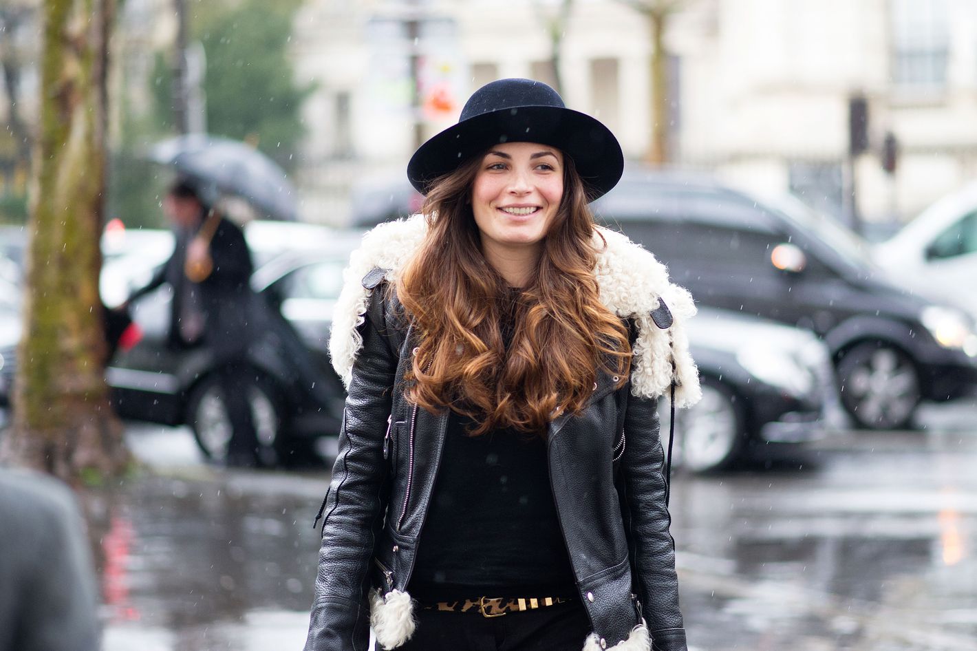 Vanessa Hudgens in black leather and shearling jacket and ripped