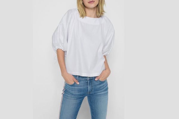 7 for All Mankind Puff Sleeve Tie Top in White