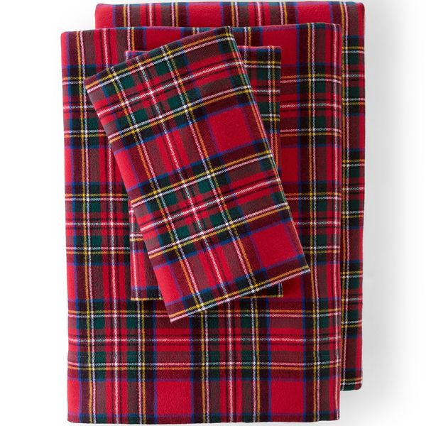 Lands' End Comfy Super Soft Cotton Flannel Plaid Bed Sheet Set - 5oz
