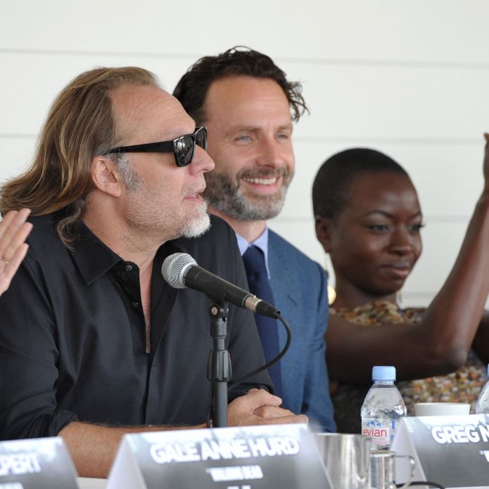 From left, executive producers Gale Anne Hurd, David Alpert, and cast members Andrew Lincoln and Danai Gurira attend the Fox International press breakfast for 'The Walking Dead', on Friday, July 19, 2013 in San Diego, Calif.