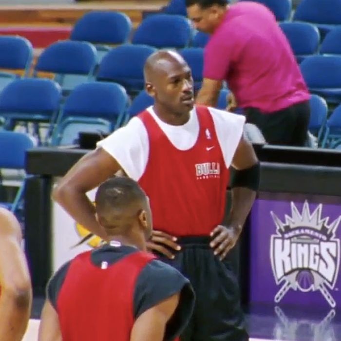 Michael Jordan practicing with the Chicago Bulls in ESPN's The Last Dance documentary.