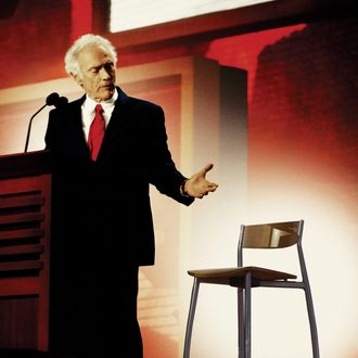 US actor Clint Eastwood, 82, talks to an imaginary US President Barack Obama seated in an empty chair onstage at the Republican National Convention at the Tampa Bay Times Forum in Tampa, Florida, USA, 30 August 2012. Eastwood endorsed Presidential candidate Mitt Romney during his remarks.