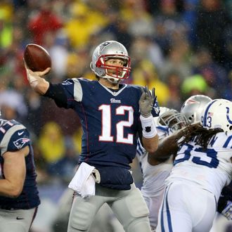 FOXBORO, MA - JANUARY 18: Tom Brady #12 of the New England Patriots in action against the Indianapolis Colts of the 2015 AFC Championship Game at Gillette Stadium on January 18, 2015 in Foxboro, Massachusetts. (Photo by Jim Rogash/Getty Images)
