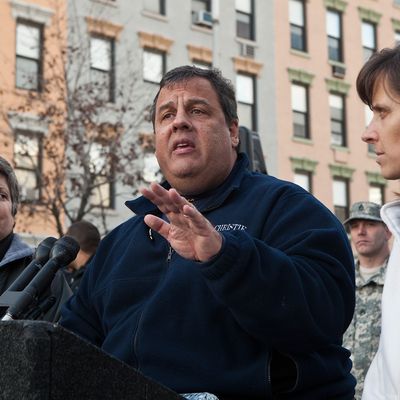 HOBOKEN, NJ - NOVEMBER 04: New Jersey Governor Chris Christie (C) is joined by Secretary Janet Napolitano (L) of Department of Homeland Security (DHS) and Mayor Dawn Zimmer (R) of Hoboken during a joint press conference on November 4, 2012 in Hoboken, New Jersey. As New Jersey continues to clean up from Superstorm Sandy, worries are now growing for a new storm set to hit the state on Wednesday, November 7. (Photo by Andrew Burton/Getty Images)