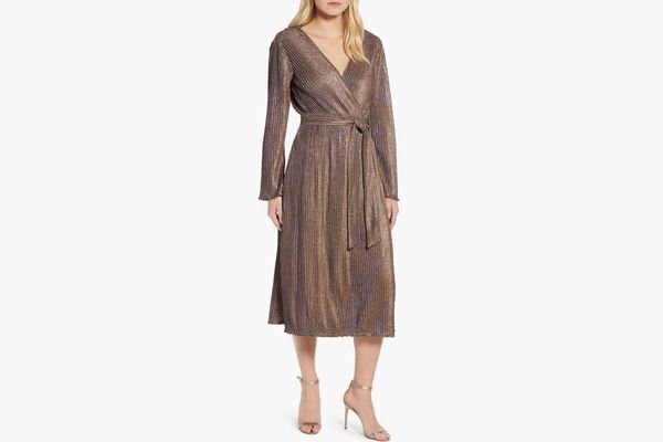 Chaus Sparkle Ribbed Long Sleeve Faux Wrap Dress