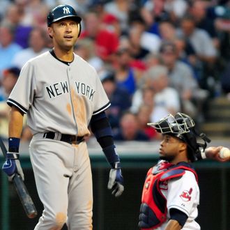 CLEVELAND, OH - JULY 6: Derek Jeter #2 of the New York Yankees reacts while at bat during the sixth inning against the Cleveland Indians at Progressive Field on July 6, 2011 in Cleveland, Ohio. The Indians defeated the Yankees 5-3 to take the series 2-1. (Photo by Jason Miller/Getty Images)
