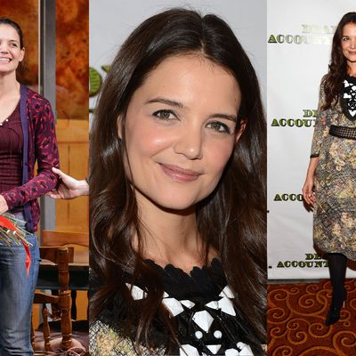 Katie Holmes in character (left); at the after-party (right).