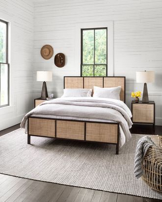 GREY Fabric WingBack QUEEN Size Platform Bed Frame & Slats Modern Home Bedroom 