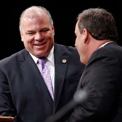 TRENTON, NJ - JANUARY 21: New Jersey Senate President Steve Sweeney greets New Jersey Gov. Chris Christie prior to being sworn in for his second term on January 21, 2014 at the War Memorial in Trenton, New Jersey. Christie begins his second term amid controversy surrounding George Washington Bridge traffic and Hurricane Sandy relief distribution. (Photo by Jeff Zelevansky/Getty Images)
