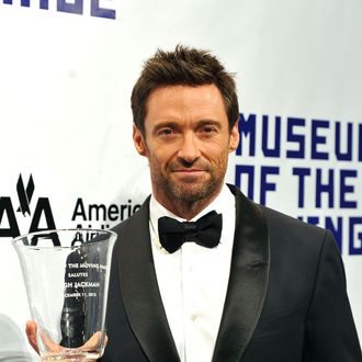 Actor Hugh Jackman poses with his award at the Museum of Moving Images salute to Hugh Jackman at Cipriani Wall Street on December 11, 2012 in New York City.
