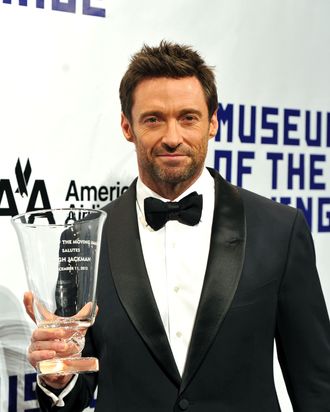 Actor Hugh Jackman poses with his award at the Museum of Moving Images salute to Hugh Jackman at Cipriani Wall Street on December 11, 2012 in New York City.