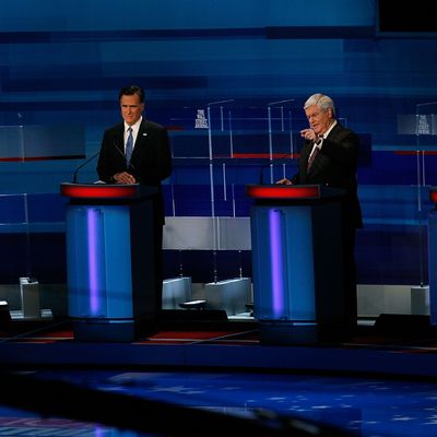 MYRTLE BEACH, SC - JANUARY 16: Republican presidential candidates (L-R), f ormer U.S. Sen. Rick Santorum (R-PA), former Massachusetts Gov. Mitt Romney, former U.S. House Speaker Newt Gingrich (R-GA), and U.S. Rep. Ron Paul (R-TX) participate a Fox News, Wall Street Journal sponsored debate at the Myrtle Beach Convention Center, on January 16, 2012 in Myrtle Beach, South Carolina. Voters in South Carolina will head to the polls on January 21st. to vote in the Republican primary election to pick their choice for U.S. presidential candidate. (Photo by Joe Raedle/Getty Images)