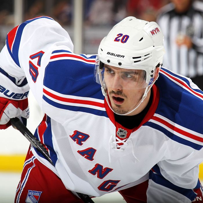 Chris Kreider #20 of the New York Rangers looks on in Game Three of the Eastern Conference Final against the New Jersey Devils during the 2012 NHL Stanley Cup Playoffs at the Prudential Center on May 19, 2012 in Newark, New Jersey.