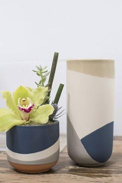 Blue Gray and Cream Round Ceramic Vase