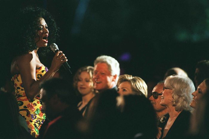 Diana Ross sings at the Stan Lee Media-produced gala for the Clintons in Los Angeles, August 2000.