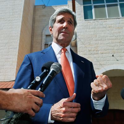 U.S. Secretary of State John Kerry speaks to reporters after meeting with Palestinian President Mahmoud Abbas in the West Bank city of Ramallah on Wednesday, July 23, 2014. Kerry is meeting with United Nations Secretary-General Ban Ki-moon, Israeli Prime Minister Benjamin Netanyahu, and Abbas as efforts for a cease-fire between Hamas and Israel continues. (AP Photo/Pool)