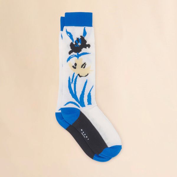 Marni White Cotton-Nylon Socks with Flower Intarsia