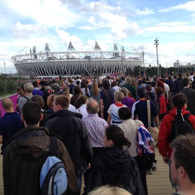 A general view as spectators make their way across the bridge to the Olympic Stadium on Day 8 of the London 2012 Olympic Games on August 4, 2012 in London, England.