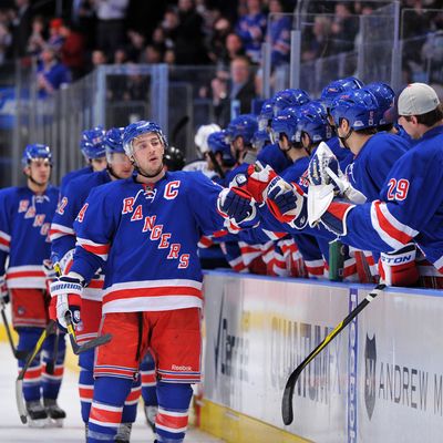 Ryan Callahan #24 of the New York Rangers is congratulated after scoring a first period goal against the Winnipeg Jets on January 24, 2012 at Madison Square Garden in New York City.