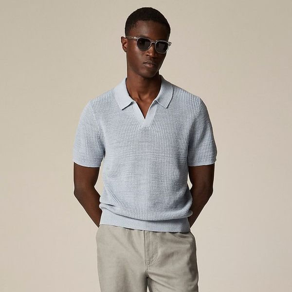 Linen-cotton johnny-collar sweater polo