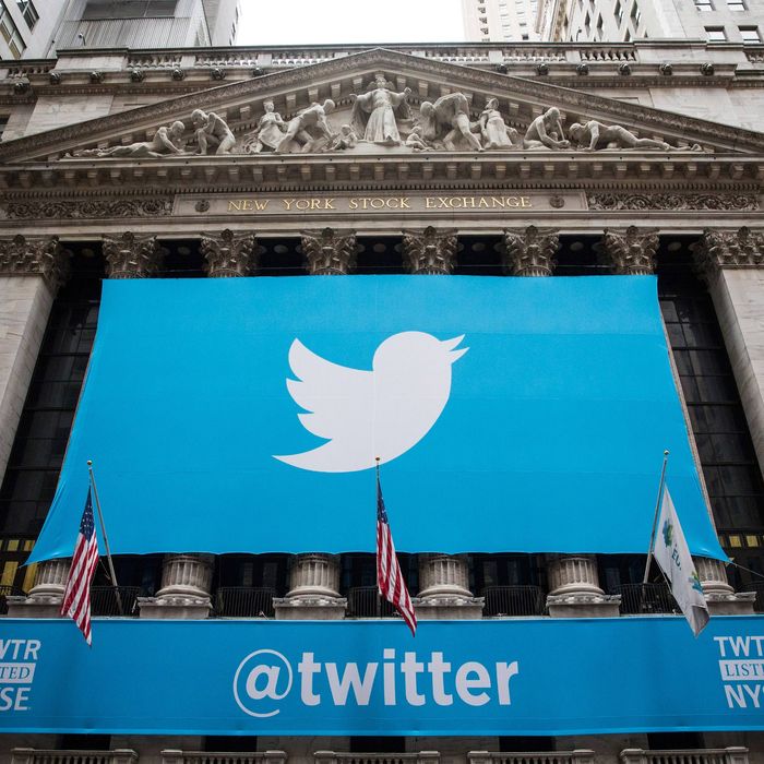 The Twitter logo is displayed on a banner outside the New York Stock Exchange (NYSE) on November 7, 2013 in New York City. Twitter goes public on the NYSE today and is expected to open at USD 26 per share, making the company worth an estimated USD 18 billion.