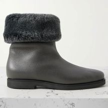 Toteme Plush-Trimmed Textured-Leather Ankle Boots