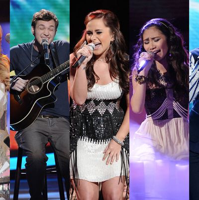 From left, Hollie Cavanagh, Phillip Phillips, Skylar Laine, Jessica Sanchez and Joshua Ledet give their performances in front of the judges on America Idol airing Wednesday, May 2 on FOX.