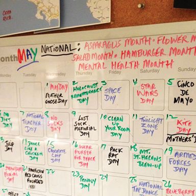 “Here is the whiteboard located behind Accounting. I don't know if all of those days are real or not, but I am VERY interested in getting in on Blueberry Cheesecake Day!! Right?”