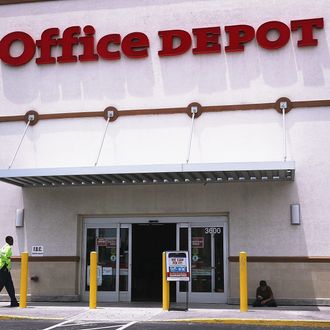 Consumers walking into an Office Depot Store, in Totowa, New Jersey. Office Depot was recently awarded the Environmental Partner Award from Webster Industries for diverting millions of pounds of plastic from landfill through the sale of recycled content ReClaim and Earth Sense trashcan liners. Through its use and sale of these products, over the past three years, Office Depot has prevented nearly 2.4 million pounds of plastic from going to landfills or being incinerated. 
