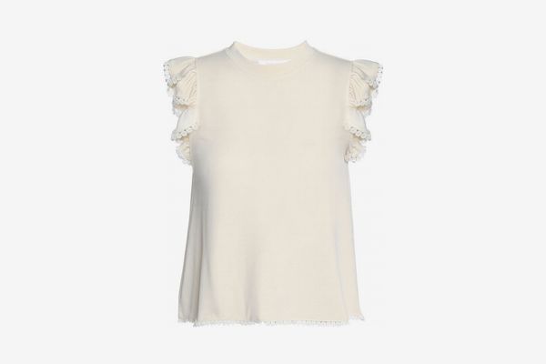 See by Chloe Crochet-Trimmed Ruffled Jersey Top
