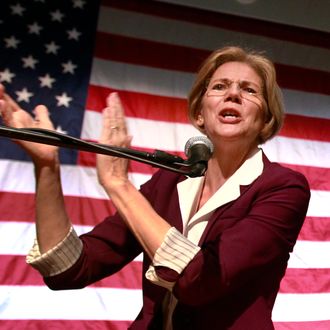 Democratic candidate for the U.S. Senate, Elizabeth Warren addresses an audience during a campaign rally at a high school in Braintree, Mass., Sunday, Nov. 4, 2012. Both Warren and incumbent U.S. Sen. Scott Brown, R-Mass., continue their push around the state in the final days before Election Day. Warren was introduced by U.S. Sen. John Kerry, D-Mass., at the rally. (AP Photo/Steven Senne)