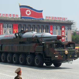 A North Korean Taepodong-class missile is displayed during a military parade past Kim Il-Sung square marking the 60th anniversary of the Korean war armistice in Pyongyang on July 27, 2013. North Korea mounted its largest ever military parade on July 27 to mark the 60th anniversary of the armistice that ended fighting in the Korean War, displaying its long-range missiles at a ceremony presided over by leader Kim Jong-Un. AFP PHOTO / Ed Jones (Photo credit should read Ed Jones/AFP/Getty Images)