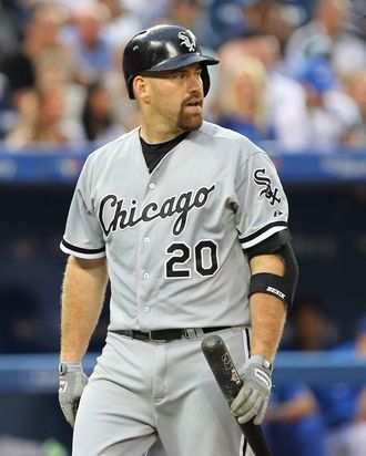 TORONTO, CANADA - AUGUST 16: Kevin Youkilis #20 of the Chicago White Sox reacts to a strike out against the Toronto Blue Jays during MLB action at the Rogers Centre August 16, 2012 in Toronto, Ontario, Canada. (Photo by Abelimages/Getty Images)