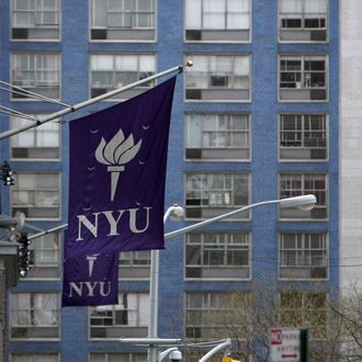 New York University banners hang from a building in New York, U.S.