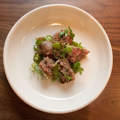 Dry Aged Beef Tar Tar, Mussel Emulsion, Ramp Capers, Tapioca Chips