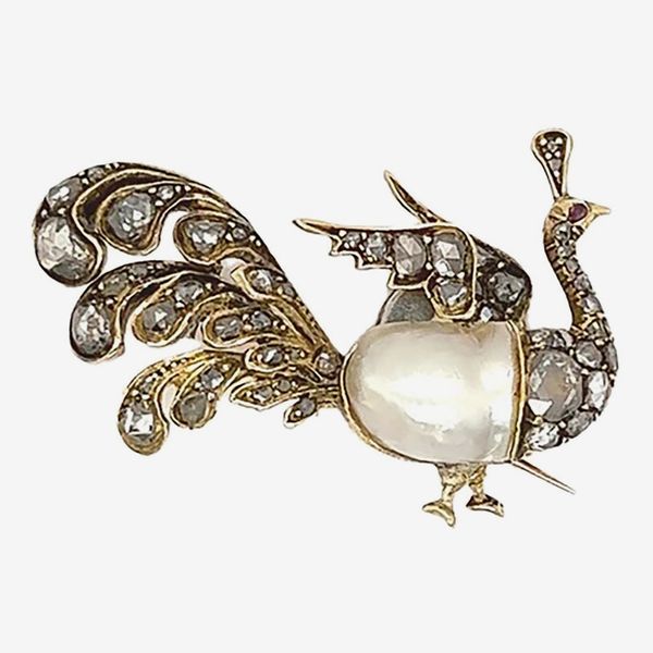 Pennisi Antique Yellow Gold, Diamond and Pearl Peacock Brooch