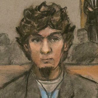 08 Apr 2015, Boston, Massachusetts, USA --- epa04696179 An artist sketch of Dzhokhar Tsarnaev (2L) and his defense team as the guilty verdicts on all charges were read in the John J Moakley Federal Courthouse against Tsamaev in the Boston Marathon bombing trial in Boston, Massachusetts, USA, 08 April 2015. Dzhokhar Tsarnaev along with his brother Tamerlan Tsarnaev set off home made bombs at the Boston Marathon on 15 April 2013 killing three people and injuring hundreds. EPA/JANE FLAVELL COLLINS --- Image by ? JANE FLAVELL COLLINS/epa/Corbis