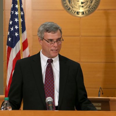 St. Louis County Prosecutor Robert McCulloch announces the grand jury's decision not to indict Ferguson police officer Darren Wilson in the shooting death of Michael Brown on November 24, 2014, at the Buzz Westfall Justice Center in Clayton, Missouri. Ferguson has been struggling to return to normal after Brown, an 18-year-old black man, was killed by Darren Wilson, a white Ferguson police officer, on August 9. His death has sparked months of sometimes violent protests in Ferguson. 
