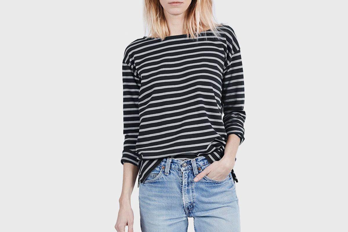 navy and white striped boatneck shirt