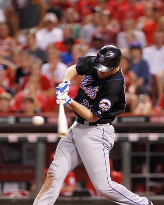 CINCINNATI, OH - JULY 25: Daniel Murphy #28 of the New York Mets doubles to drive in two runs in the seventh inning against the Cincinnati Reds at Great American Ball Park on July 25, 2011 in Cincinnati, Ohio. (Photo by Joe Robbins/Getty Images)